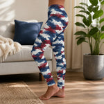 Patriotic Watercolor Camo Leggings - full body pose, casual fashion outfit | Our Phoenix Rise