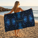 Personalized Blue Geometric Beach Towel - Lifestyle Poolside Mockup | Our Phoenix Rise