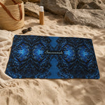 Personalized Blue Geometric Beach Towel - Woman Holding Towel at Waterpark | Our Phoenix Rise