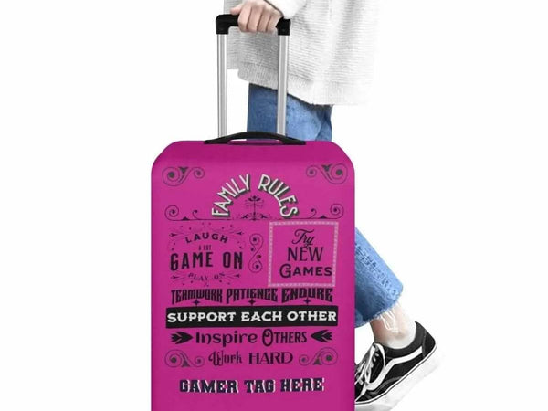 Pink Gamer Luggage Cover | Family Rules Travel Protector - Iron Phoenix GHG