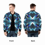 Gaming Bomber Jacket Pixel Print - Teal Blue Geometric Pattern Front Back View | Our Phoenix Rise