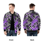 Gaming Bomber Jacket Pixel Print - Purple Geometric Pattern Front Back View | Our Phoenix Rise