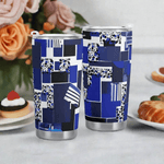 Geometric Travel Mug - Blue Matrix Design Angled View | Our Phoenix Rise