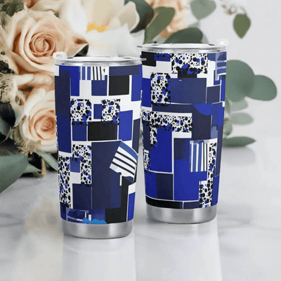 Geometric Travel Mug - Blue Matrix Design Front View | Our Phoenix Rise