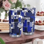 Geometric Travel Mug - Blue Matrix Design Side View | Our Phoenix Rise