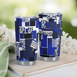 Geometric Travel Mug - Blue Matrix Design On Desk | Our Phoenix Rise