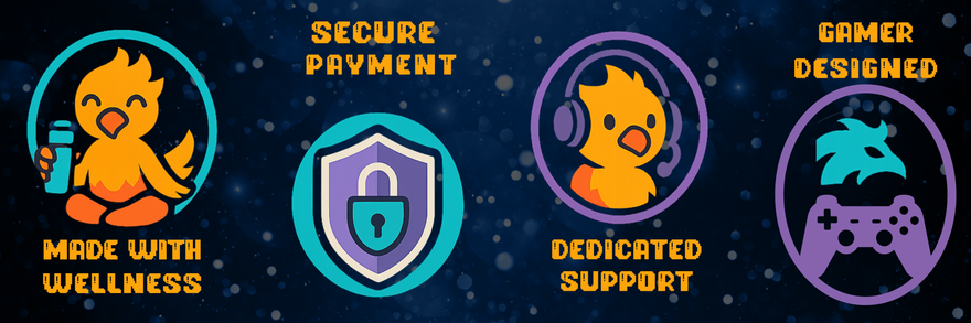 Trust Badges: Gamer Designed, Wellness, Secure, Support