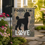 Poodle Silhouette Garden Flag - Displayed on Front Porch Near Flowers | Our Phoenix Rise