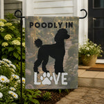 Poodle Silhouette Garden Flag - Set Against a Lush Green Backyard Backdrop | Our Phoenix Rise