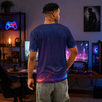 Futuristic Gamer Graphic T-Shirt - Blue model looking away | Our Phoenix Rise