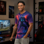 Futuristic Gamer Graphic T-Shirt - Blue model with hands in pockets | Our Phoenix Rise