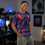 Futuristic Gamer Graphic T-Shirt - Blue model smiling front view | Our Phoenix Rise