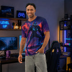 Futuristic Gamer Graphic T-Shirt - Blue full body lifestyle shot on model | Our Phoenix Rise