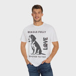 Front view of the Beagle-Love t-shirt in navy blue, showcasing the design