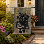 Pug Love Garden Flag - displayed in a vibrant flower garden setting | Our Phoenix Rise