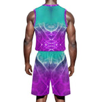 Abstract Athletic Short Set Purple Teal - Full front view, model standing | Our Phoenix Rise