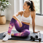 Purple Galaxy Print Leggings - Lifestyle view of woman standing in room | Our Phoenix Rise