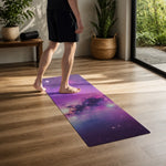 Purple galaxy patterned yoga mat flat on wooden floor | Our Phoenix Rise
