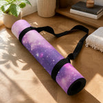 Purple galaxy patterned yoga mat rolled with black straps side angle | Our Phoenix Rise