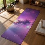 Galaxy Nebula Purple Yoga Mat - Top Down View with Water Bottle | Our Phoenix Rise