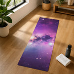 Galaxy Nebula Purple Yoga Mat - Full View on Wood Floor | Our Phoenix Rise
