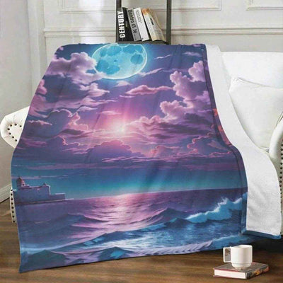 Sunset Ocean Fleece Blanket - Purple Sky and Moon Seascape | Our Phoenix Rise