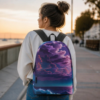 Aesthetic Purple Sunset Backpack - Lifestyle mockup in a natural setting | Our Phoenix Rise