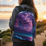 Aesthetic Purple Sunset Backpack - Lifestyle mockup showing the bag in use | Our Phoenix Rise