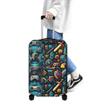 Retro Gaming Pixel Art Luggage Cover - On suitcase with person | Our Phoenix Rise