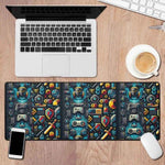 Pixel Art Retro Gaming Desk Mat - on desk with laptop and accessories | Our Phoenix Rise