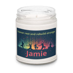 Personalized Rest and Rebuild Soy Candle - close up of label with dancers and custom name | Our Phoenix Rise