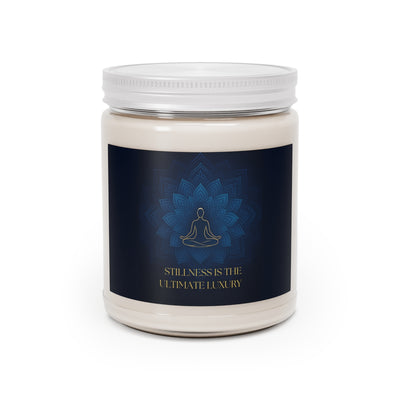 Personalized meditation soy candle - closed jar on white background with blue mandala design | Our Phoenix Rise