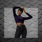 Soaring Bird Cropped Rash Guard Women's UPF 50+ - Woman posing with product features highlighted on deep violet cropped rash | Our Phoenix Rise