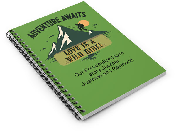 Closed spiral notebook lying flat on a surface. Shows the vibrant adventure-themed cover design and durable metal wire binding from a high angle.