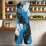 Blue Black Paint Splatter Basketball Jersey Set - Front View Lifestyle | Our Phoenix Rise