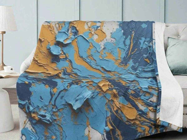 Textured Paint Blanket | Blue Orange Abstract Fleece Throw