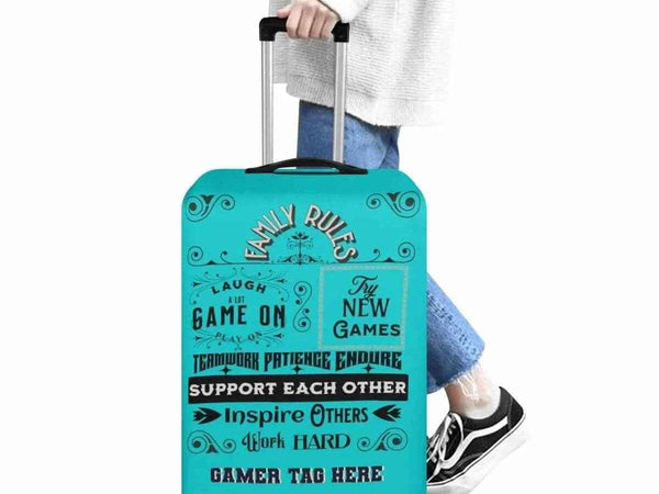 Teal Gamer Luggage Cover | Family Rules Travel Protector