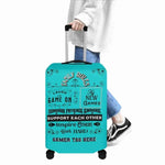 Teal Gamer Family Rules Luggage Cover - On Traveler Walking | Our Phoenix Rise