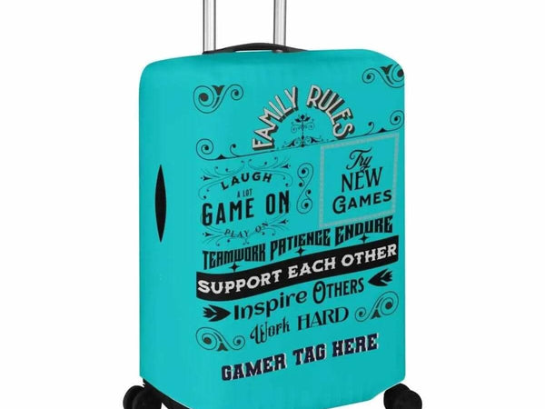 Teal Gamer Luggage Cover | Family Rules Travel Protector - Iron Phoenix GHG