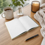 Thanking Past Self Hardcover Journal - close-up open on a wooden surface, ready for writing | Our Phoenix Rise