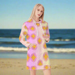 Sunny Print Pink and Yellow Hoodie Dress - Beach Front View | Our Phoenix Rise