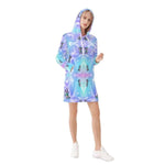 Celestial Sprite Cosmic Hoodie Dress - Blue and Purple Print Front View | Our Phoenix Rise