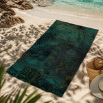 dark green hibiscus tropical beach towel - on sand with palm leaves | Our Phoenix Rise