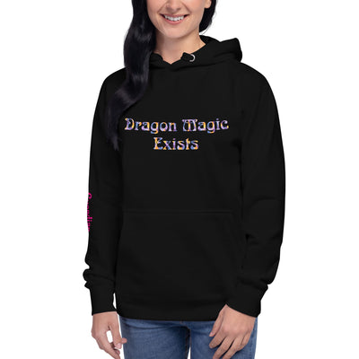 Dragon Magic Exists Pullover Hoodie - Black on woman front | Our Phoenix Rise