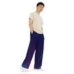 Back view of wide-leg lounge pants showing the relaxed fit and pocket placement. Dark blue cosmic swirl print design.