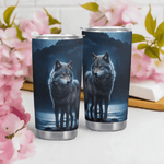 Blue Moon Wolf Insulated Travel Mug - slightly angled view, mountain scene | Our Phoenix Rise