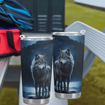 Blue Moon Wolf Insulated Travel Mug - close up of wolf art, blue moon theme | Our Phoenix Rise