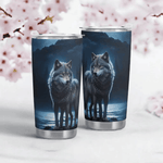 Blue Moon Wolf Insulated Travel Mug - detailed view of the wolf's eyes | Our Phoenix Rise