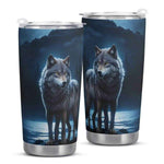 Blue Moon Wolf Insulated Travel Mug - lifestyle shot, outdoor setting | Our Phoenix Rise