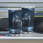 Blue Moon Wolf Insulated Travel Mug - side angle, wolf design visible | Our Phoenix Rise